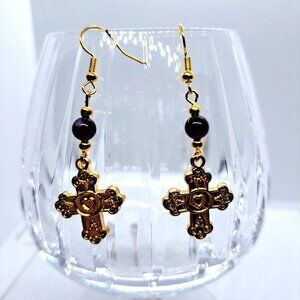 Amethyst bead earrings with gold tone cross